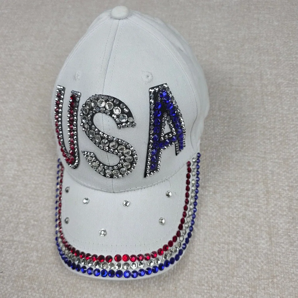 USA Rhinestone Baseball Cap White Patriotic Red Blue Crystal Adjustable Hat